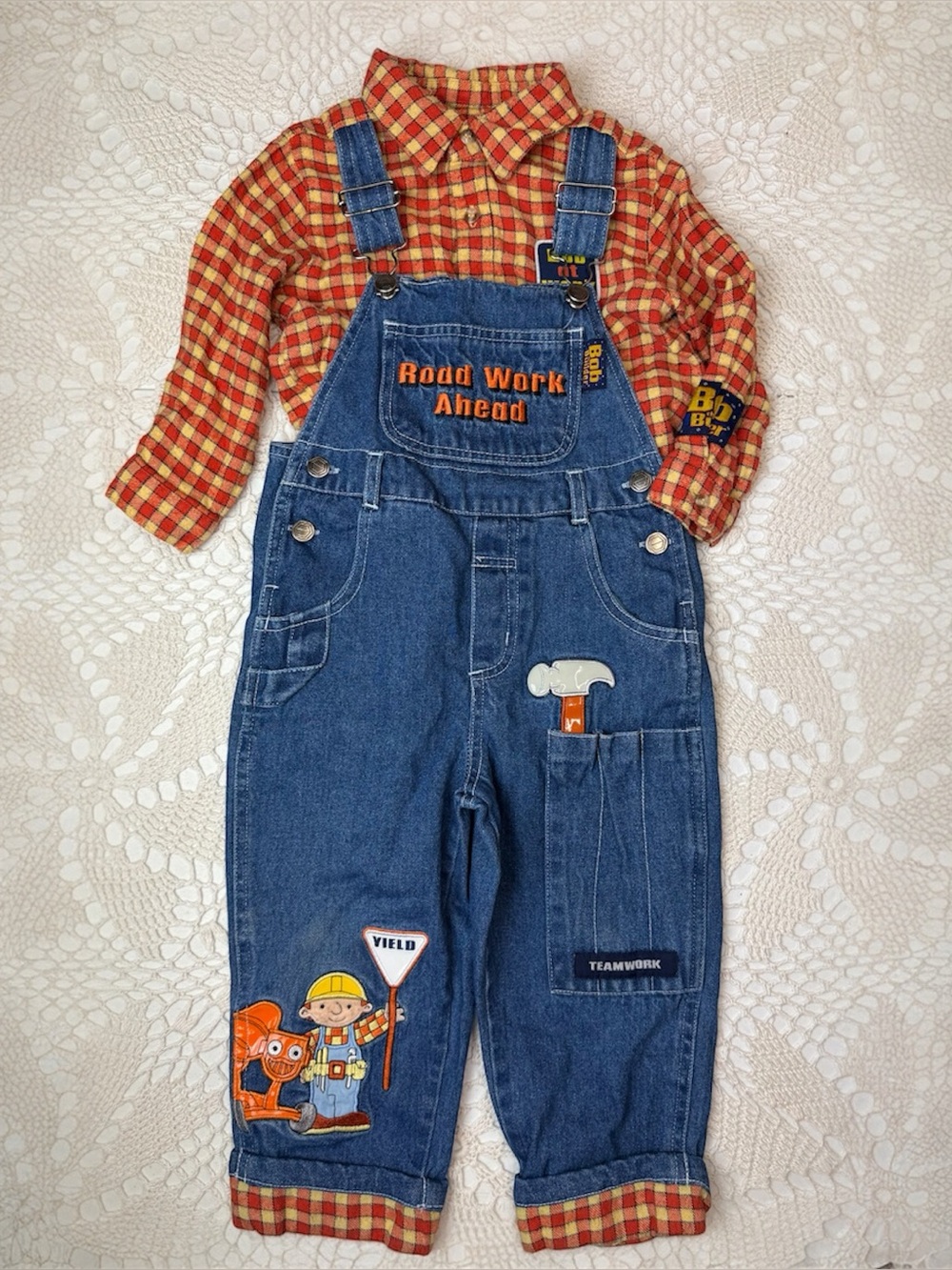 Vintage Y2K Bob the Builder Baby Boy 2t Denim Overalls Flannel Shirt Outfit Set